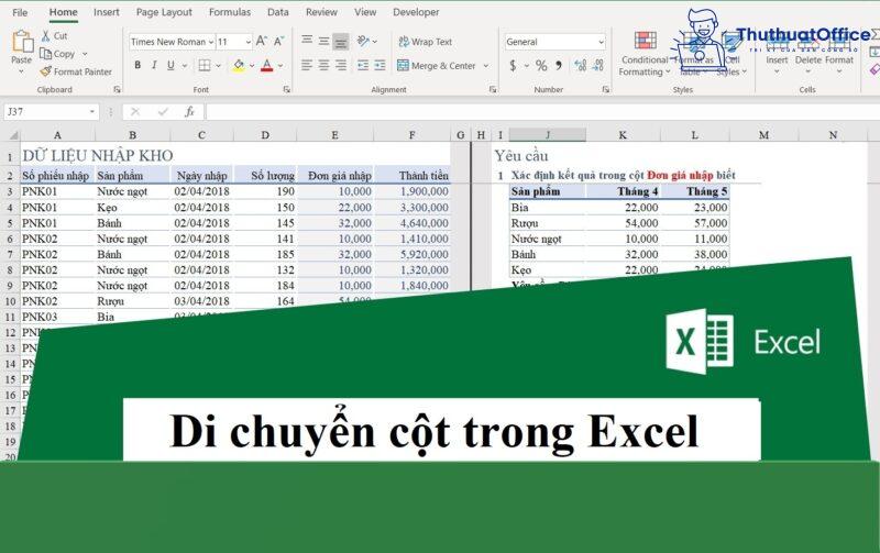 Cách di chuyển hàng, di chuyển cột trong Excel