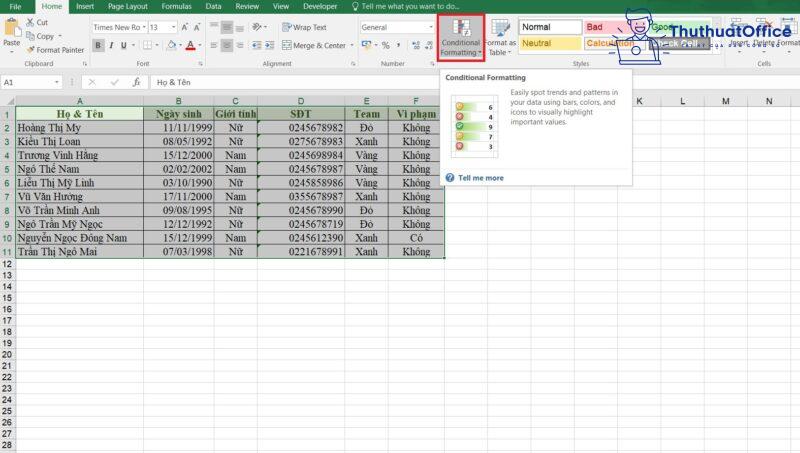 tô màu dòng có điều kiện trong Excel