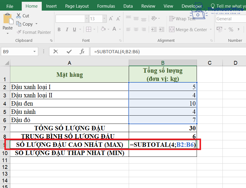 SUBTOTAL trong Excel