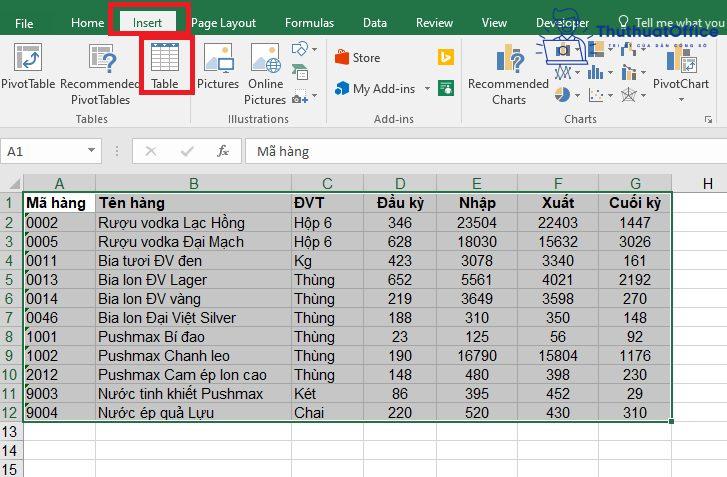 cách tạo bảng trong Excel từ Insert Table